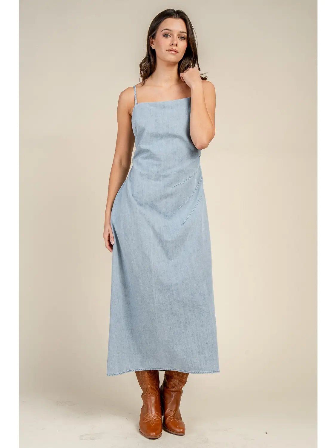 Denim Draped Maxi Denim Dress