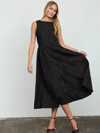 Textured Floral Jacquard Boat Neck Midi Dress