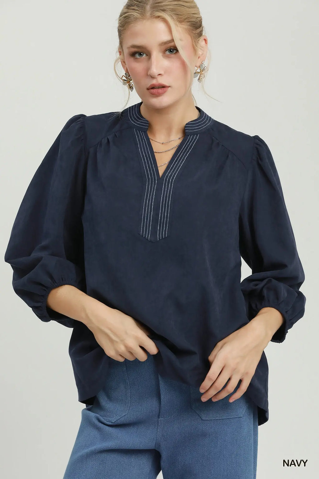 Sueded Split Neck Blouse with Contrast Stitching