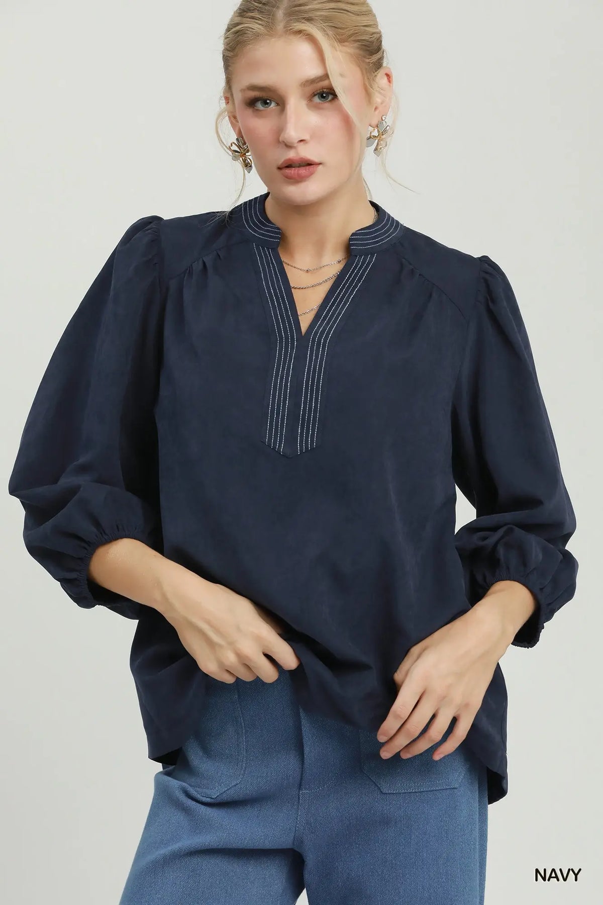 Sueded Split Neck Blouse with Contrast Stitching
