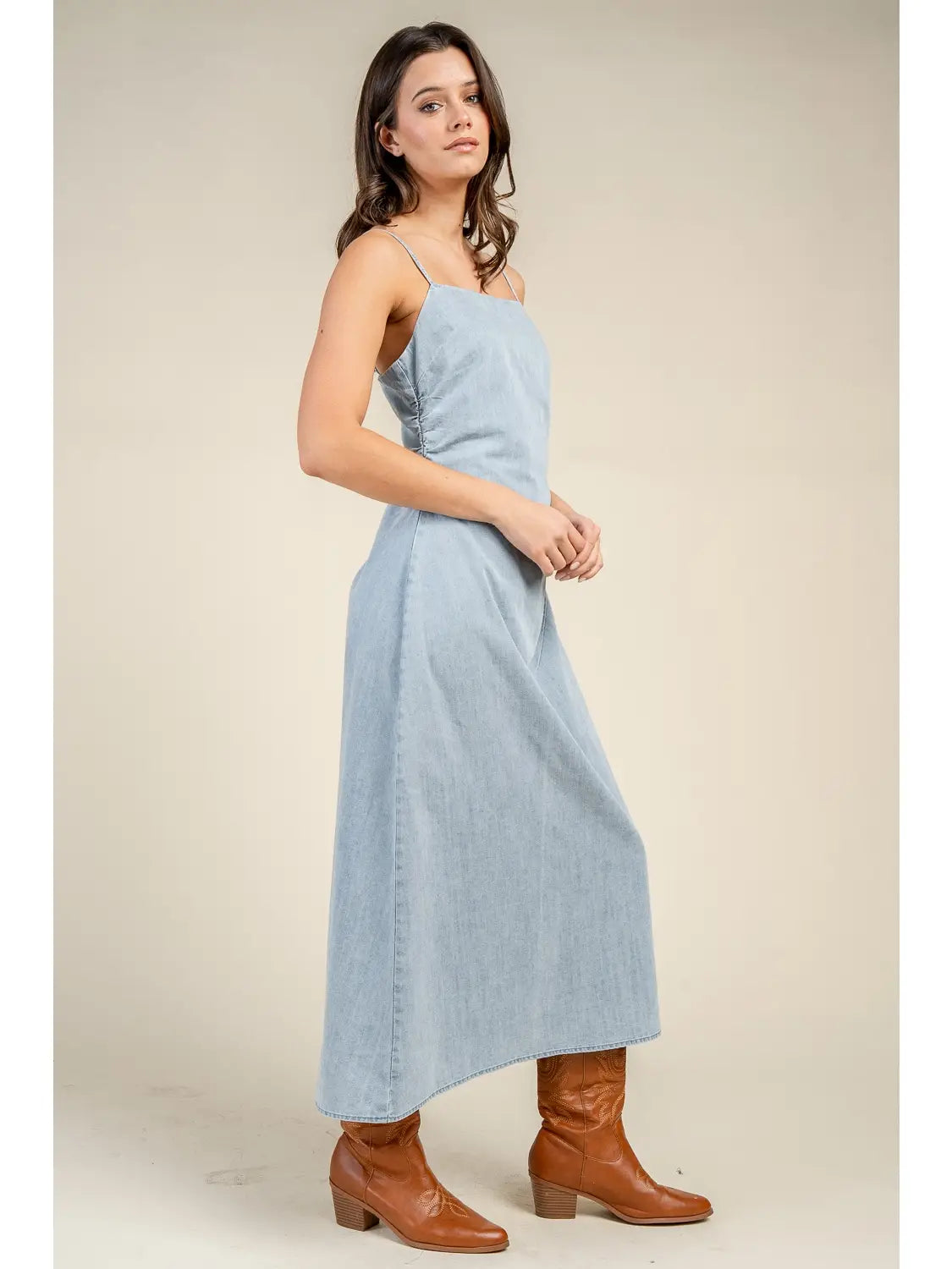 Denim Draped Maxi Denim Dress