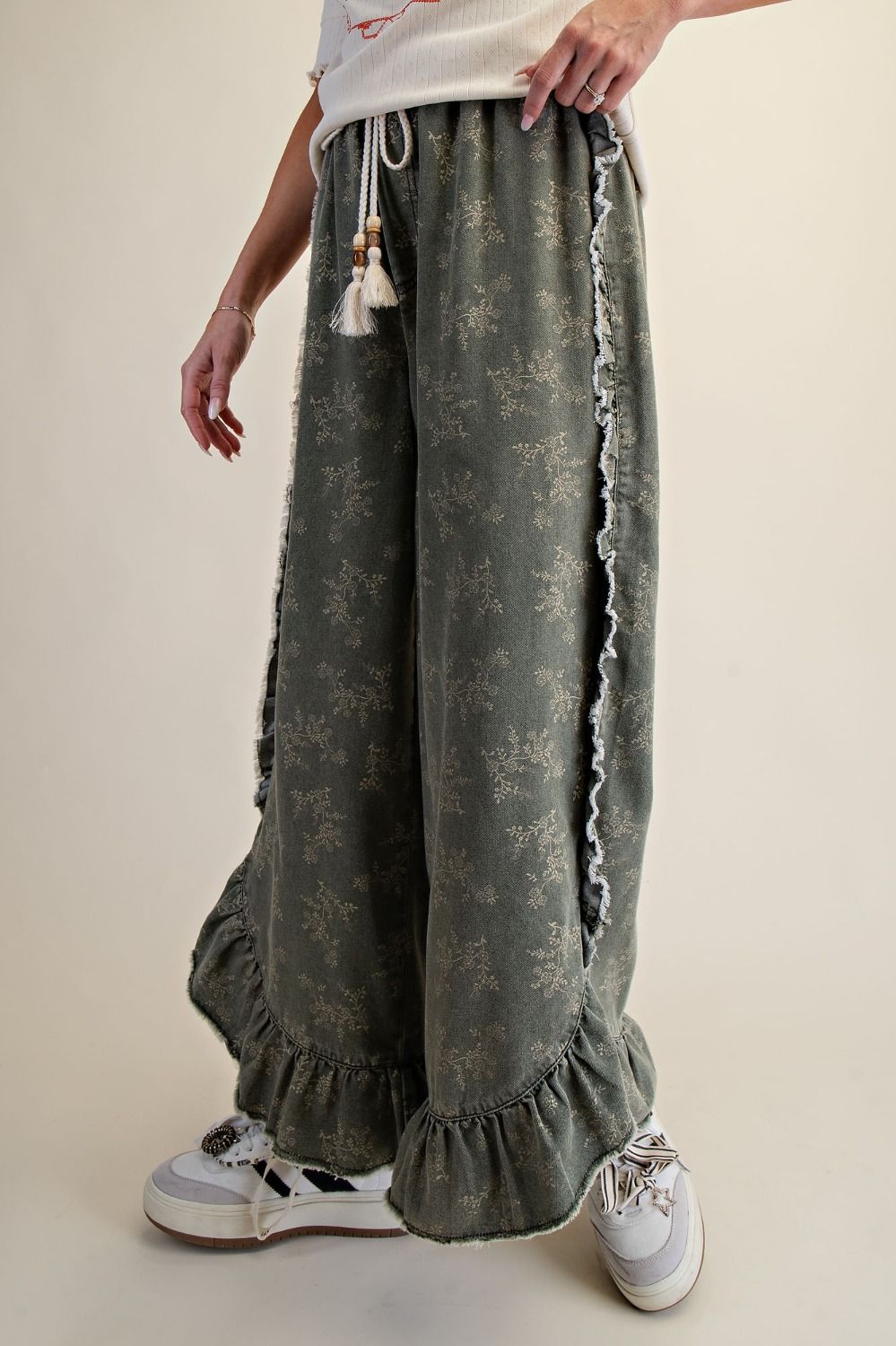 Floral Print Washed Denim Palazzo Pants