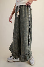 Floral Print Washed Denim Palazzo Pants