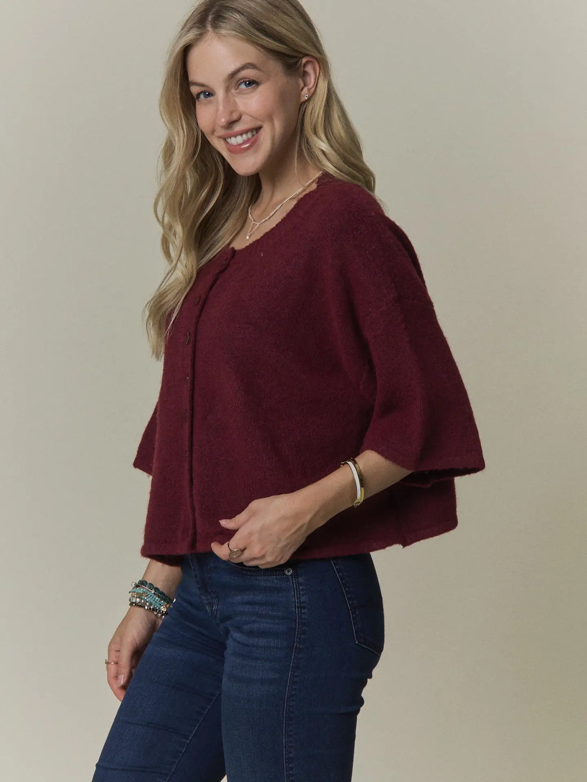Boxy 3/4 Sleeve Button Front Sweater Top