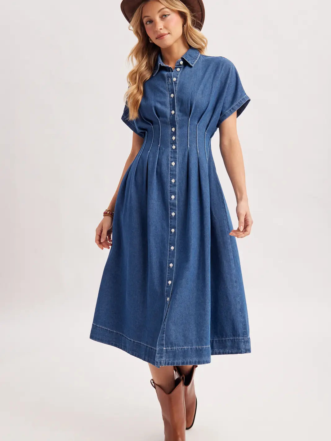 Button Down Pleated Waist Denim Dress