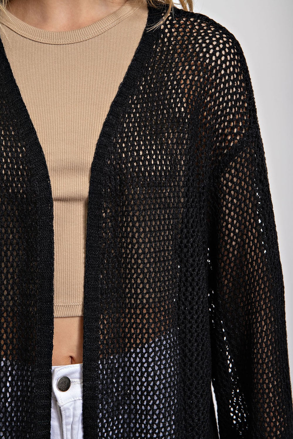 Mesh Open Front Long Cardigan