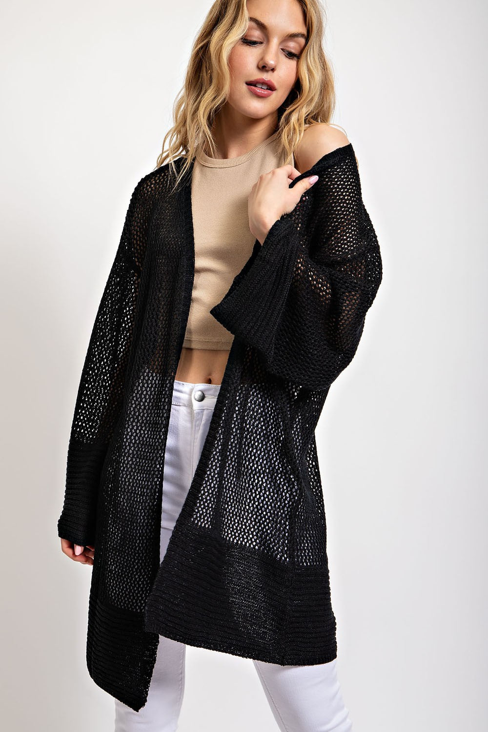 Mesh Open Front Long Cardigan