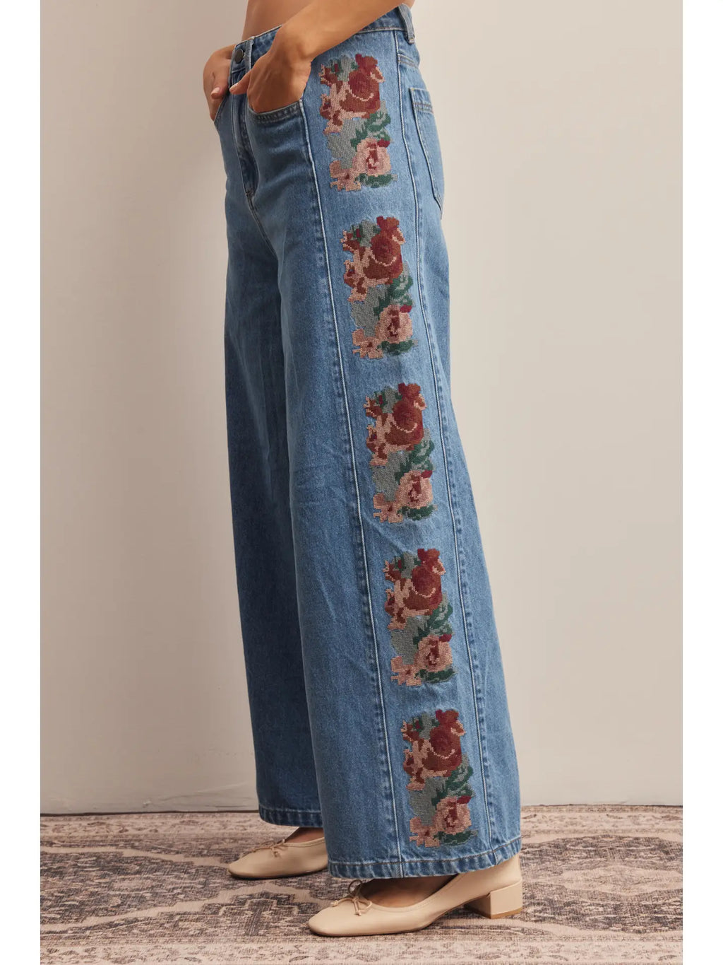 Floral Embroidered Wide Leg Jeans