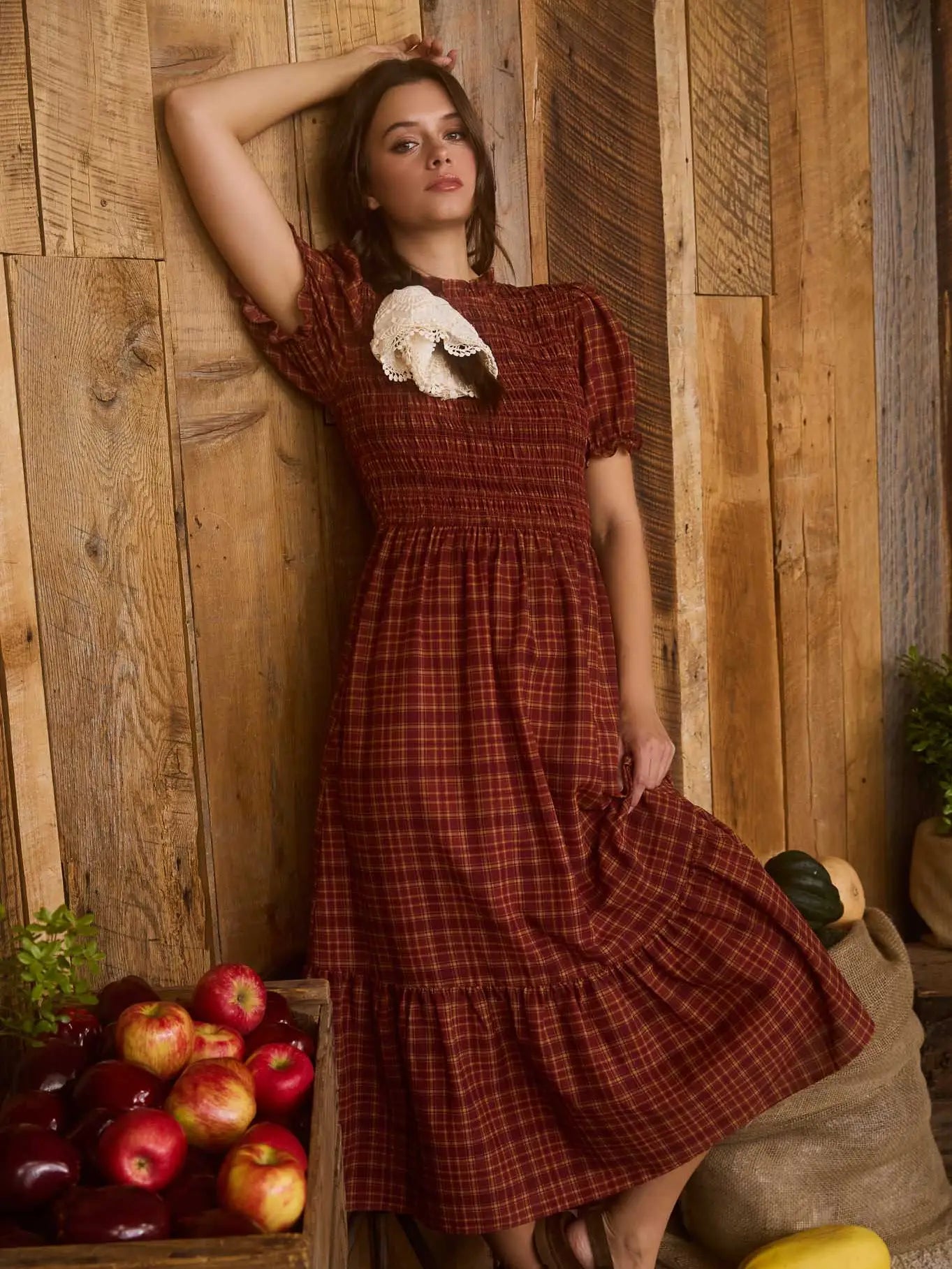 Plaid Short Puff Sleeve Midi Dress