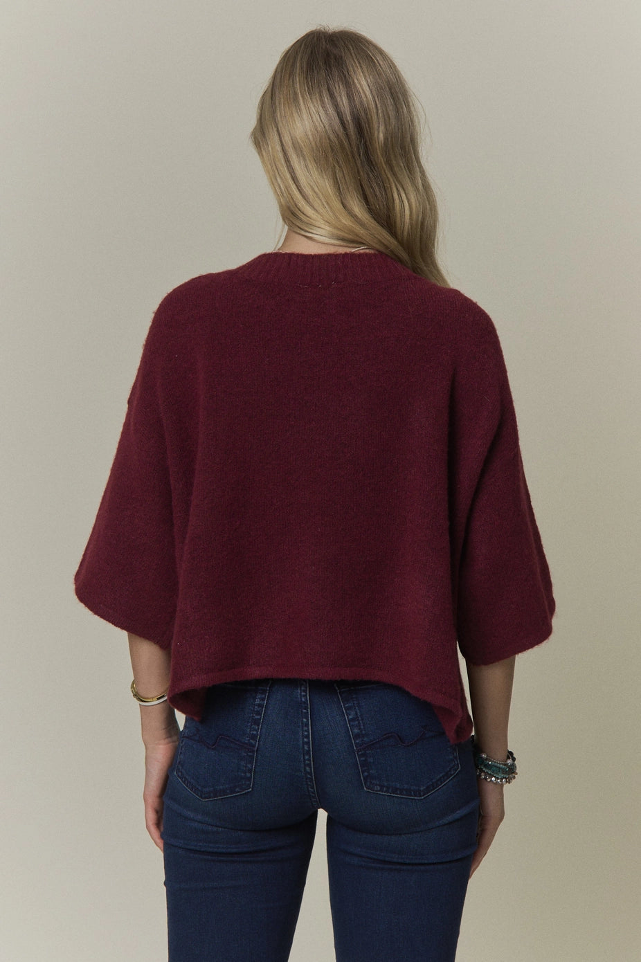 Boxy 3/4 Sleeve Button Front Sweater Top