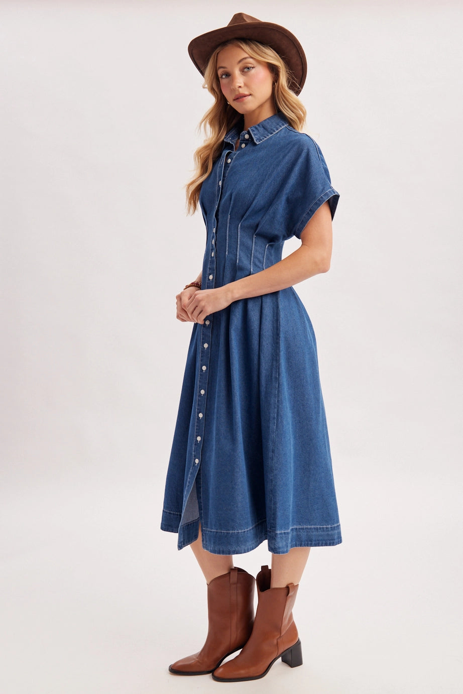 Button Down Pleated Waist Denim Dress