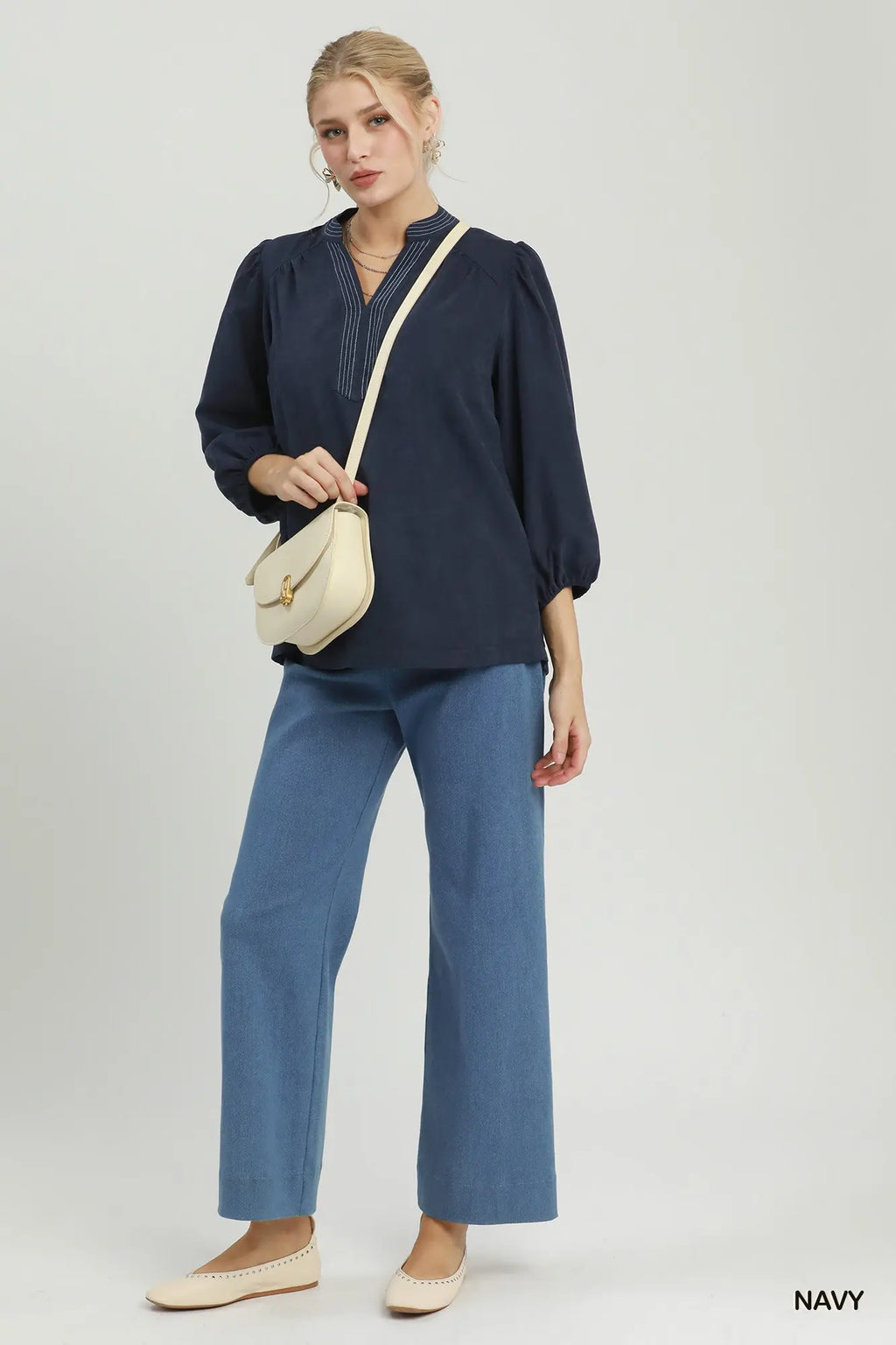 Sueded Split Neck Blouse with Contrast Stitching