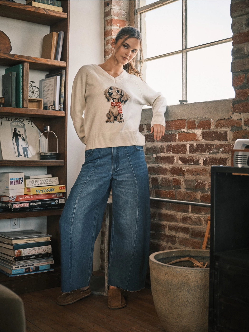 Cozy Dog Graphic V-Neck Sweater Top