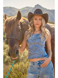 Western Buckle Strap Embroidered Denim Top