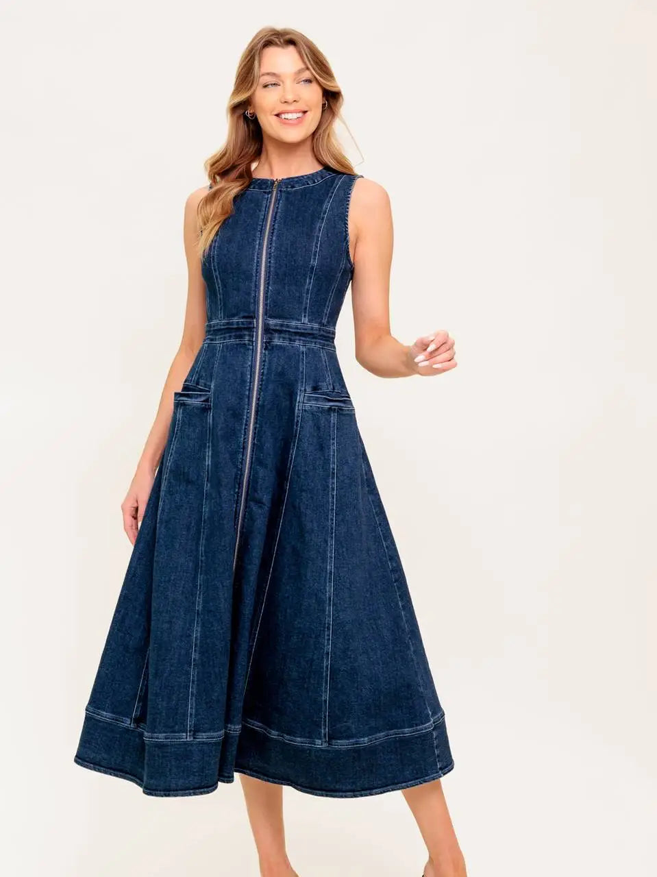 Washed Denim Full Zipper Midi Dress