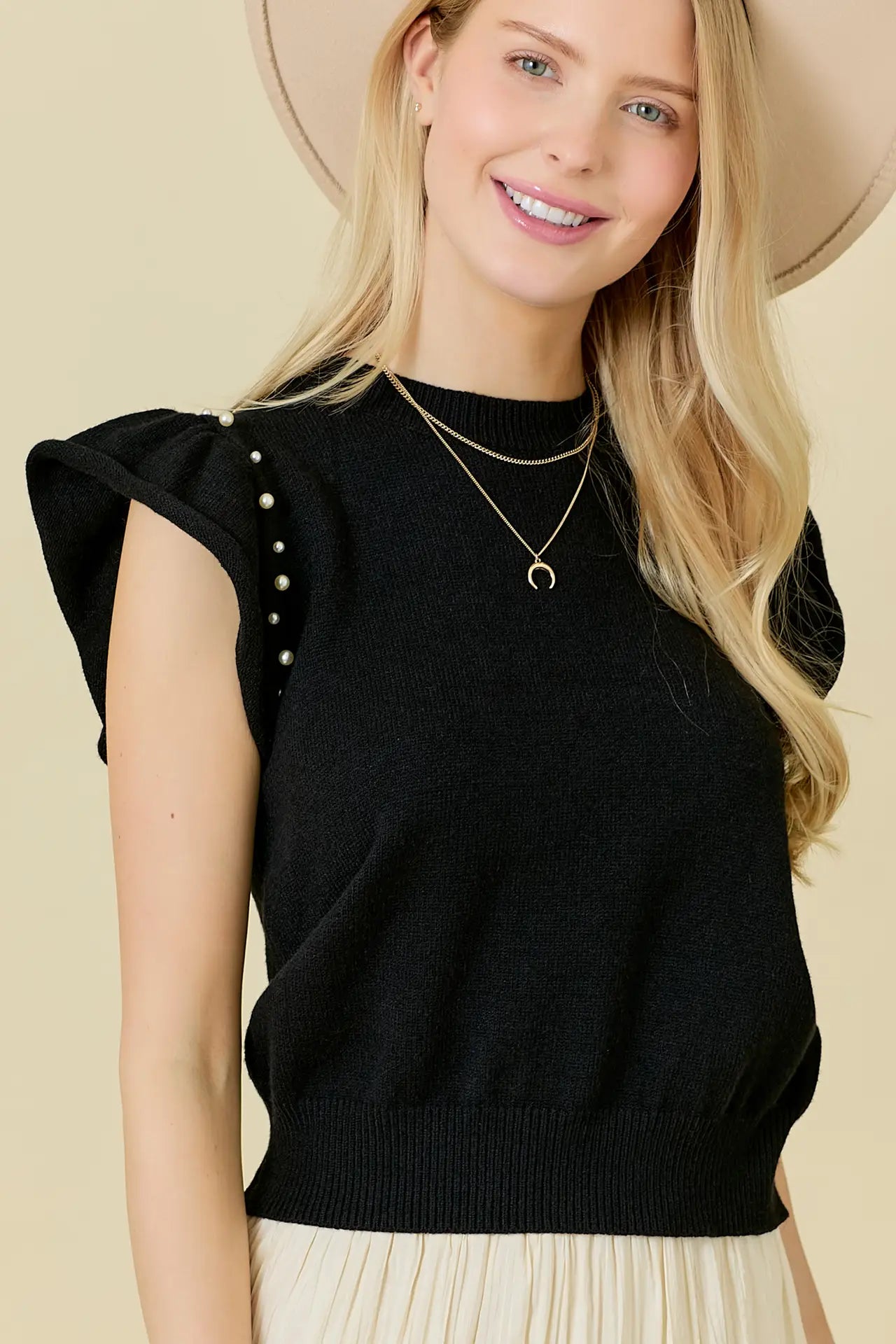 Flutter Ruffle Sleeve Pearl Knit Top