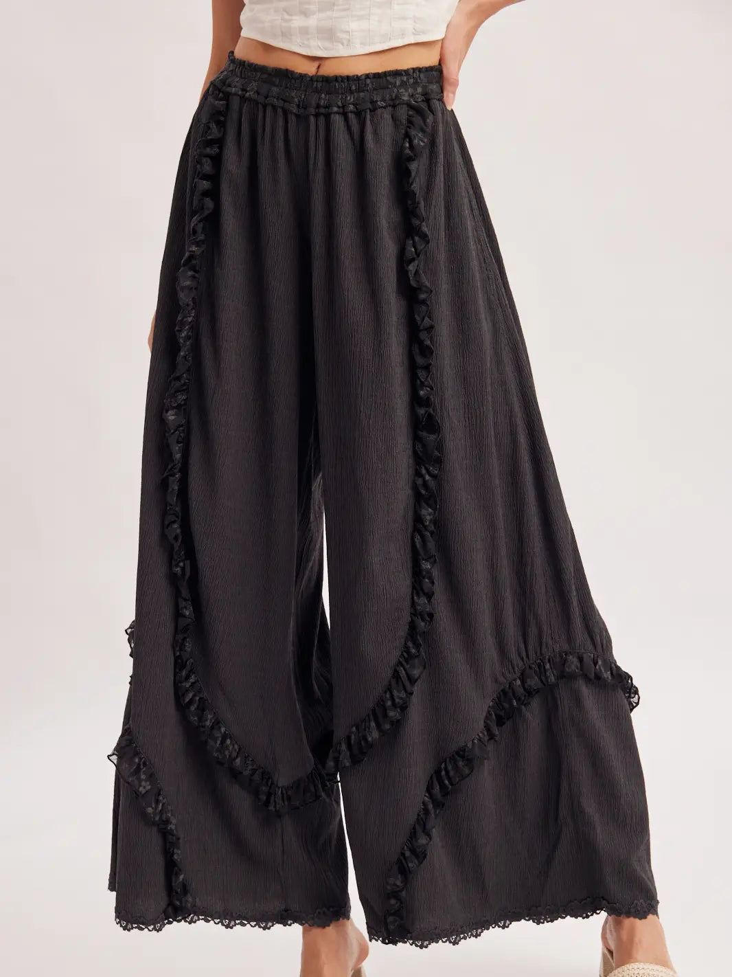 Boho Eyelet Lace Ruffle Trimmed Wide Pants