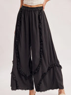 Boho Eyelet Lace Ruffle Trimmed Wide Pants
