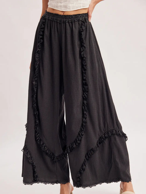 Boho Eyelet Lace Ruffle Trimmed Wide Pants