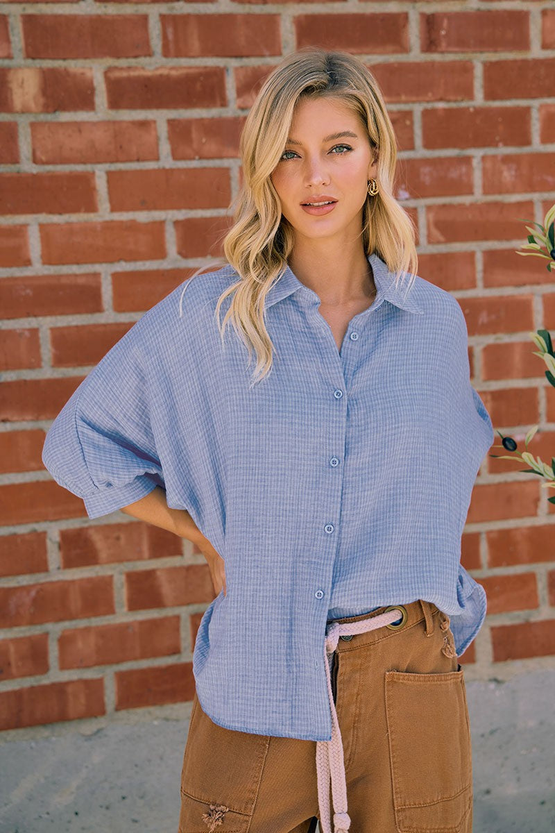 Denim Blue Gauze Oversized Button Down Shirt