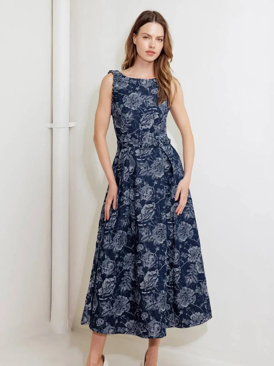 Jacquard Woven Denim Midi Dress