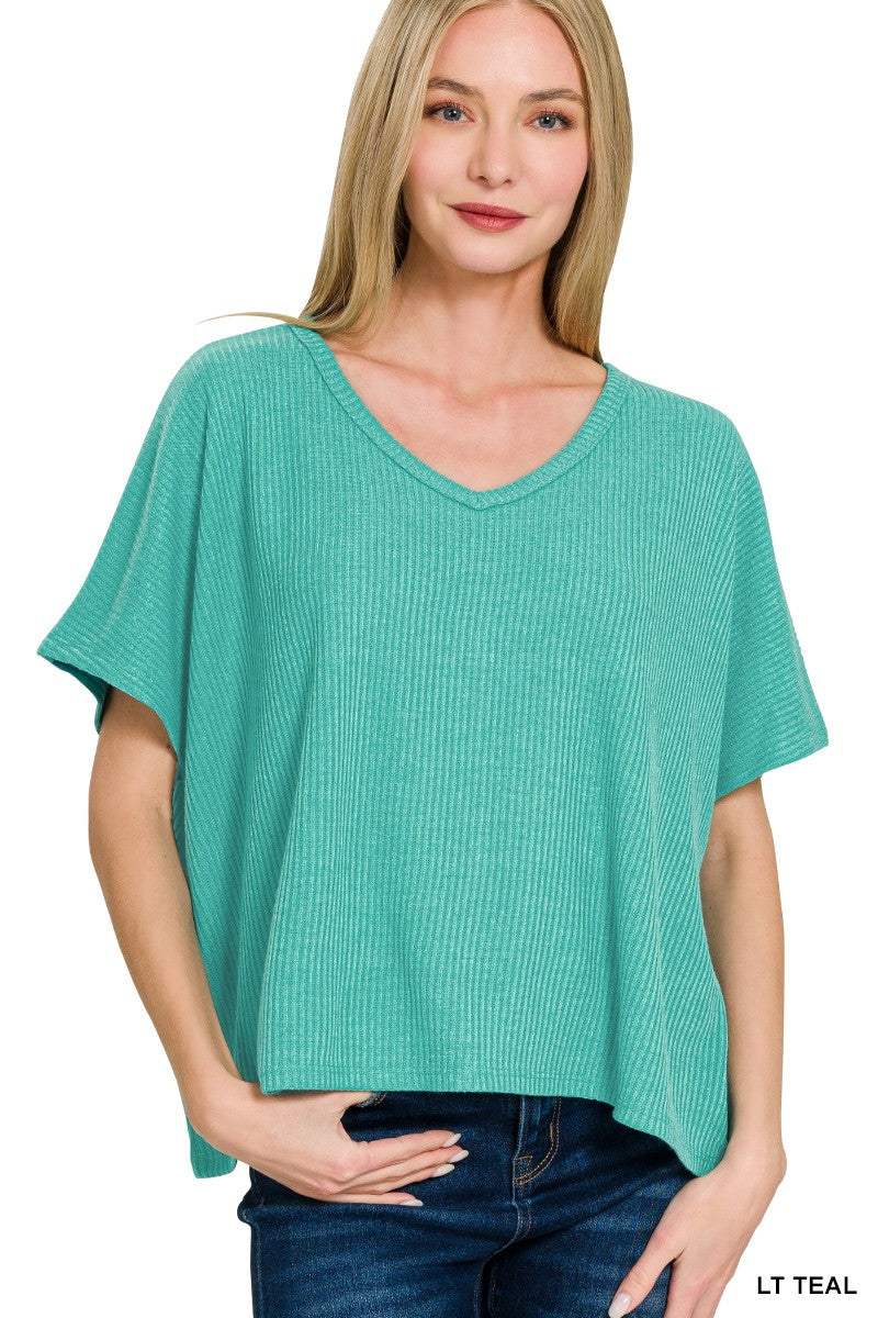 Ribbed V-neck Short-sleeve Sweater