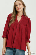 Smocked Yoke Button Front Blouse
