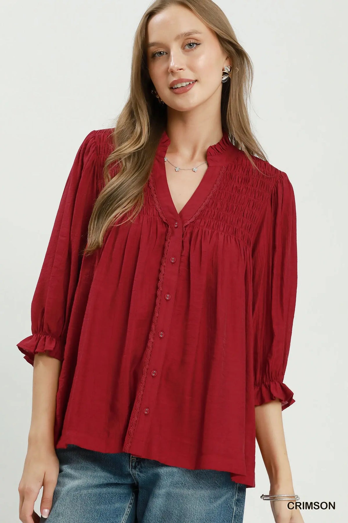 Smocked Yoke Button Front Blouse