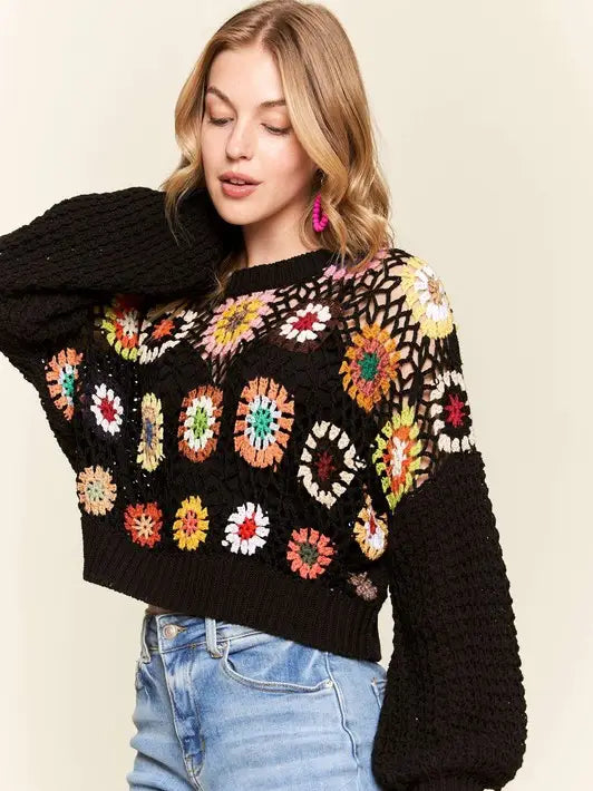 Long Puff Sleeves Crochet Crop Top