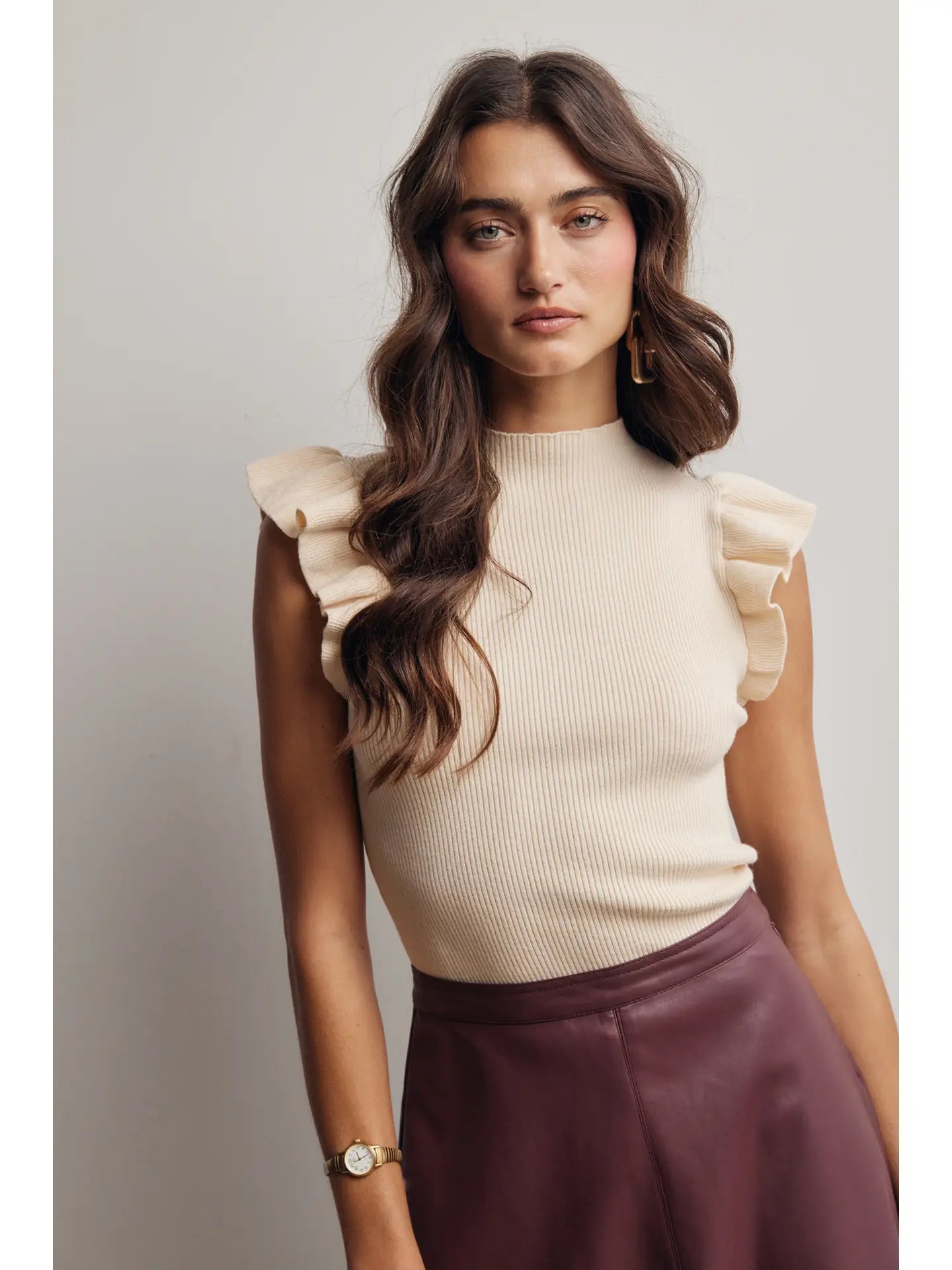 Ruffle Sleeve Rib Knit Top