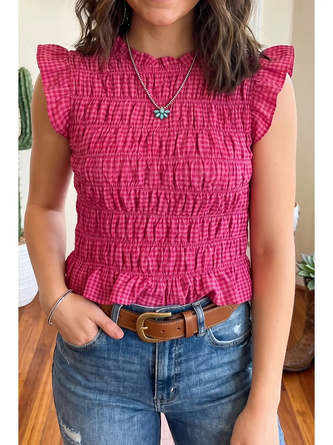 Plaid Shirred Ruffle Tank