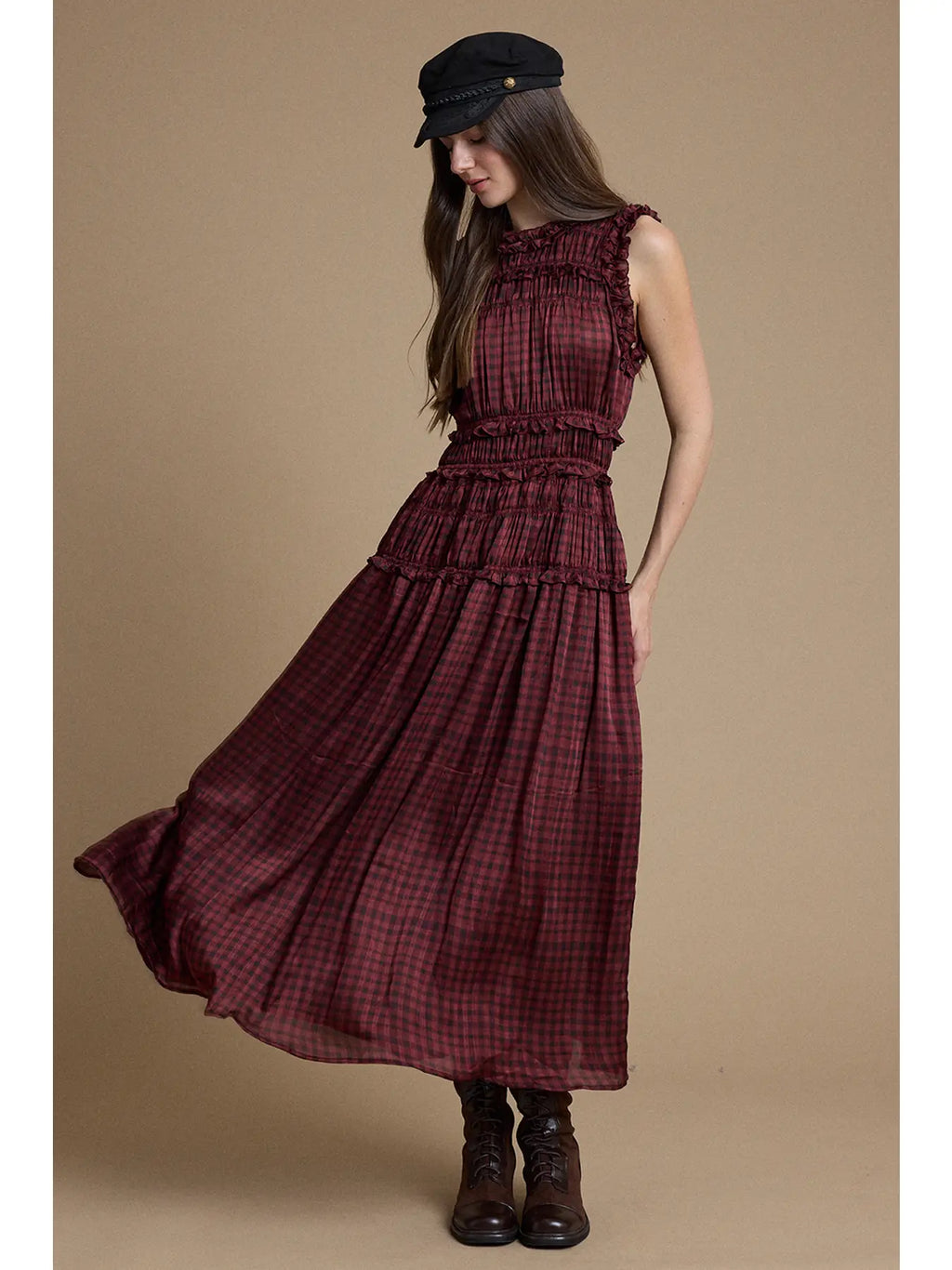 Plaid Ruffle Trim Smocked Maxi Dress