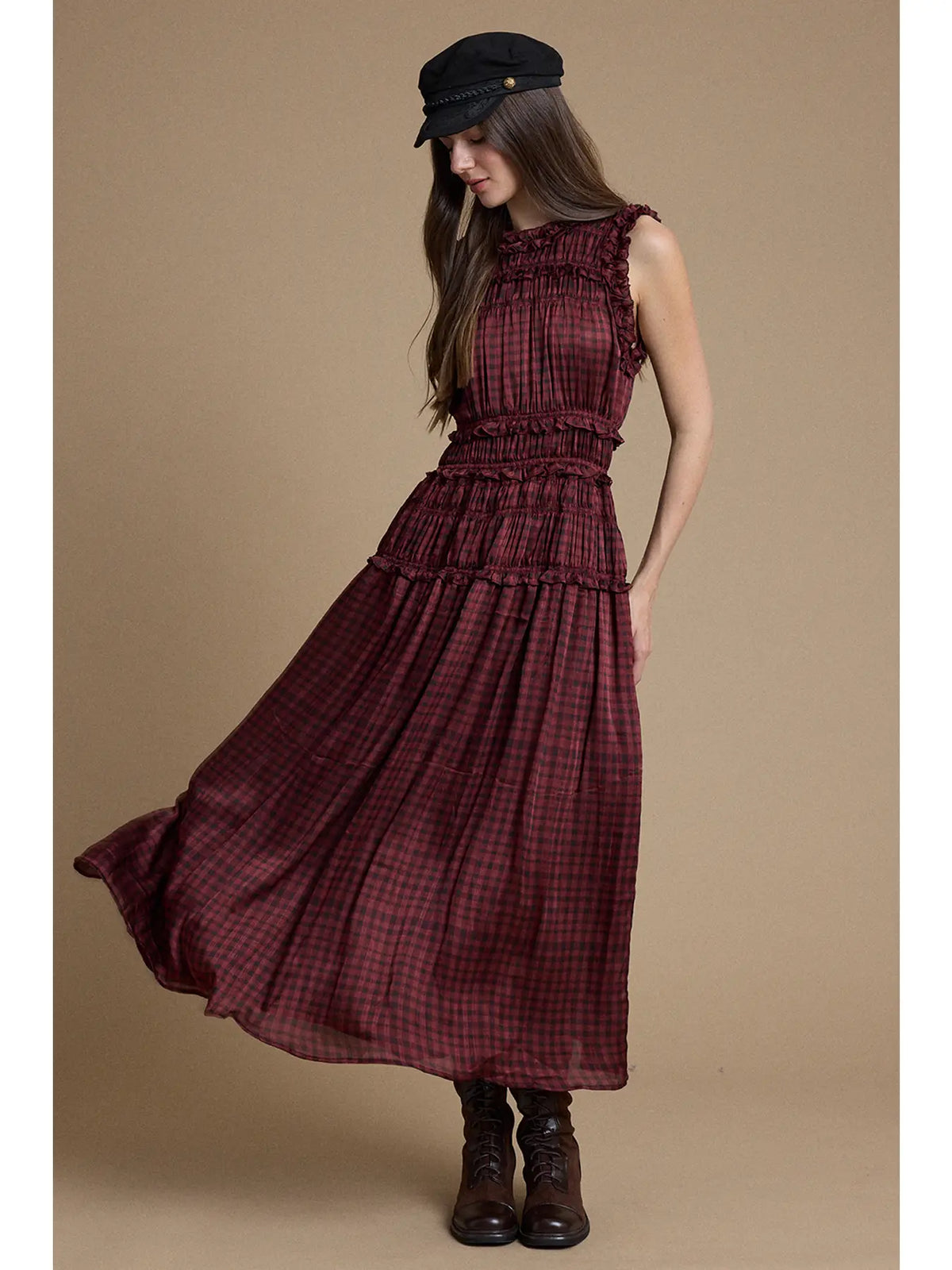 Plaid Ruffle Trim Smocked Maxi Dress