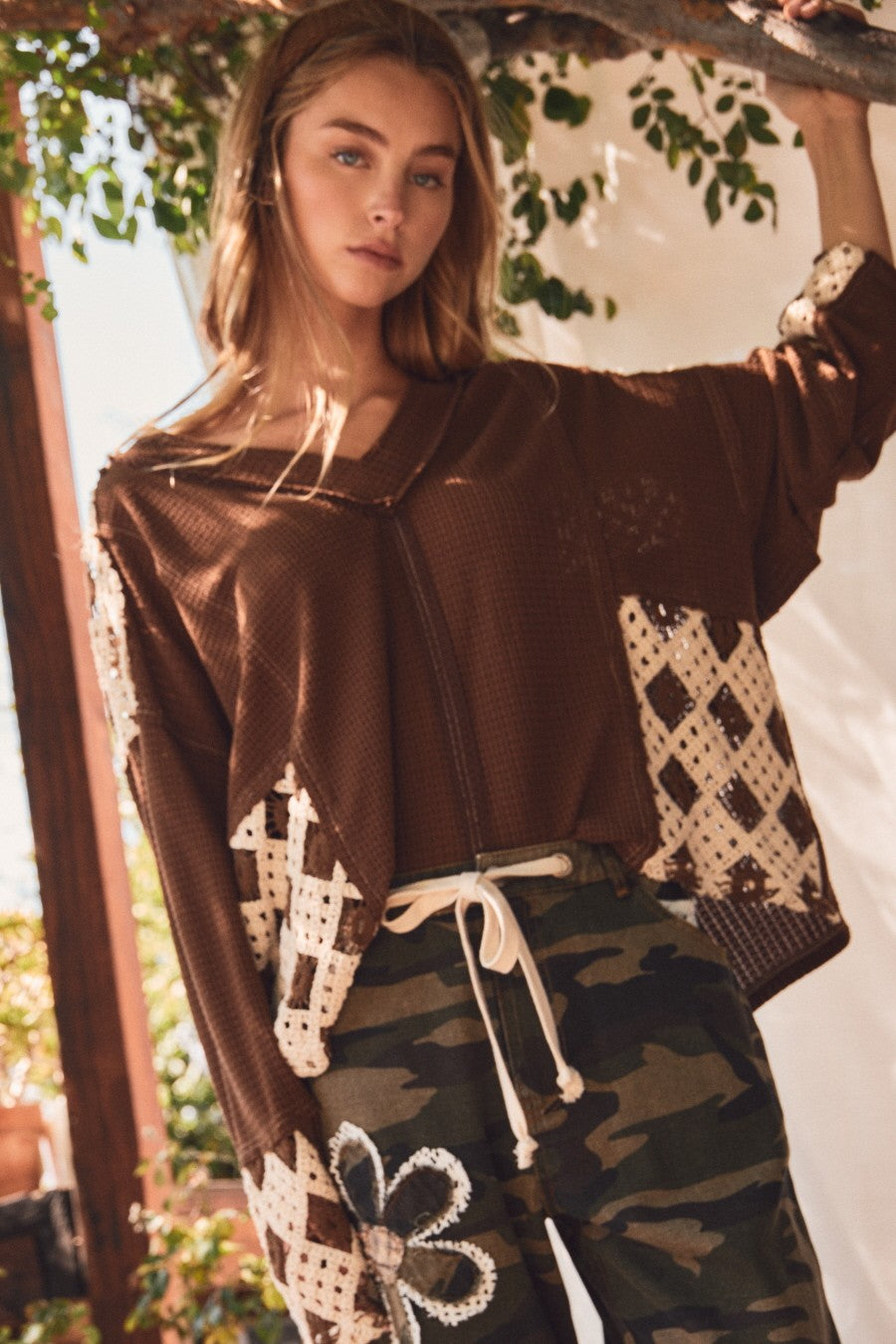 Patchwork Crochet Sleeve Waffle Knit Top