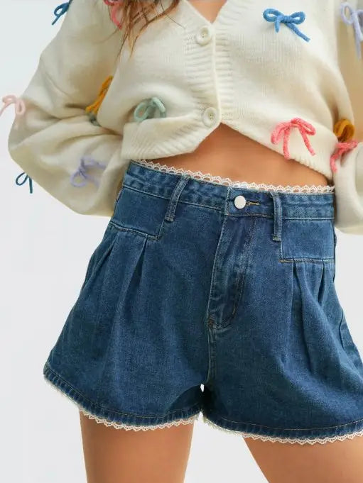 Lace Trim Pleated Denim Shorts