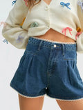 Lace Trim Pleated Denim Shorts