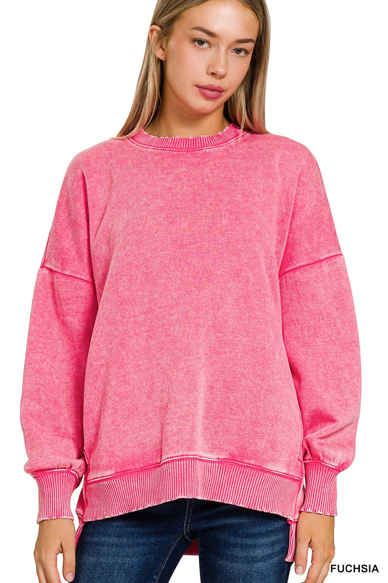 Acid Wash Fleece Hi-Low Hem Pullover