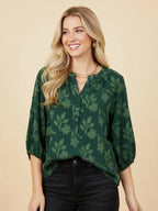 Textured Floral Puff Sleeve Split Neck Blouse