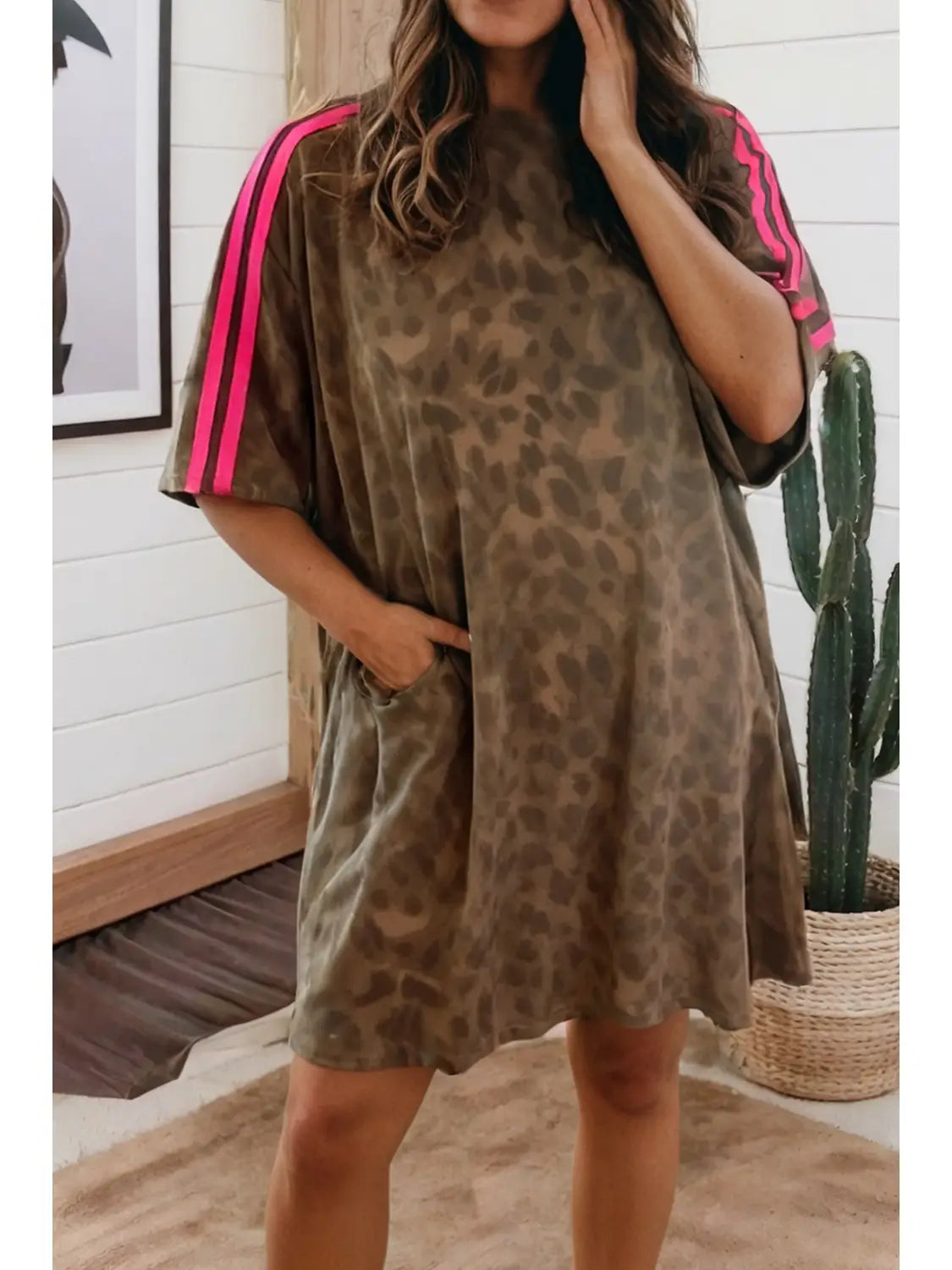 Las Stripe Western Leopard T-Shirt Pocket Mini Dress