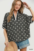 Jacquard Floral Textured Contrast Trim Pullover Top