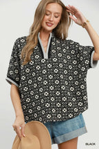 Jacquard Floral Textured Contrast Trim Pullover Top