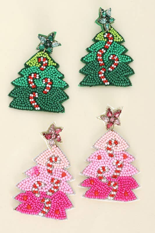 CANDY CANE CHRISTMAS TREE BEADED EARRINGS