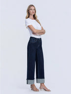 High Rise Trouser Fold Cuffed Wide Leg Jeans