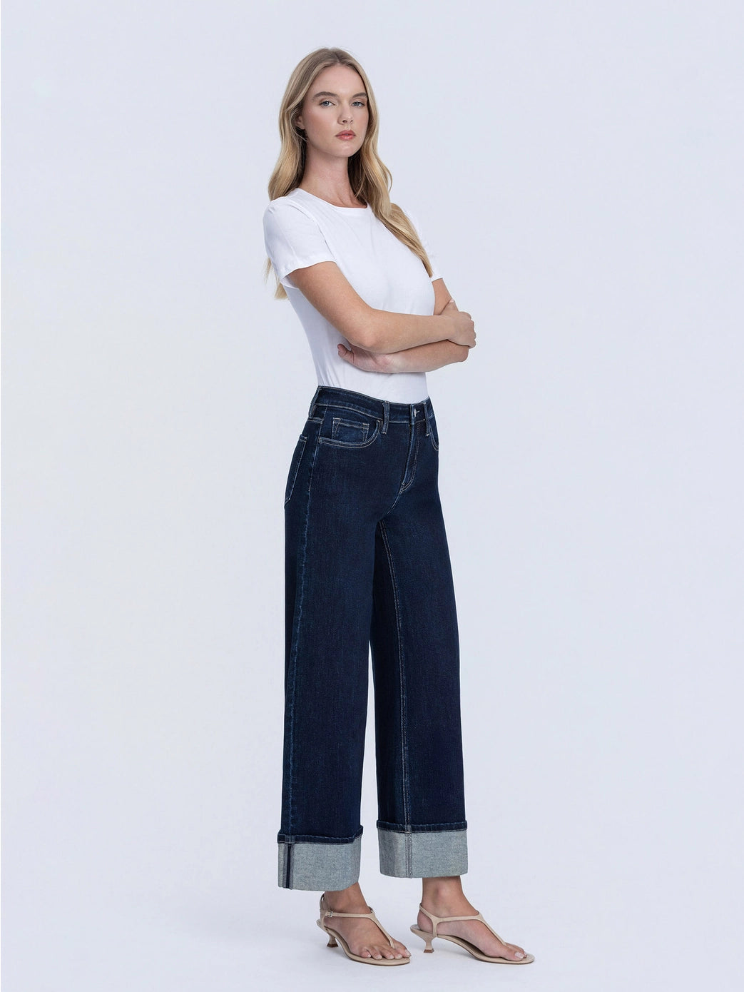 High Rise Trouser Fold Cuffed Wide Leg Jeans
