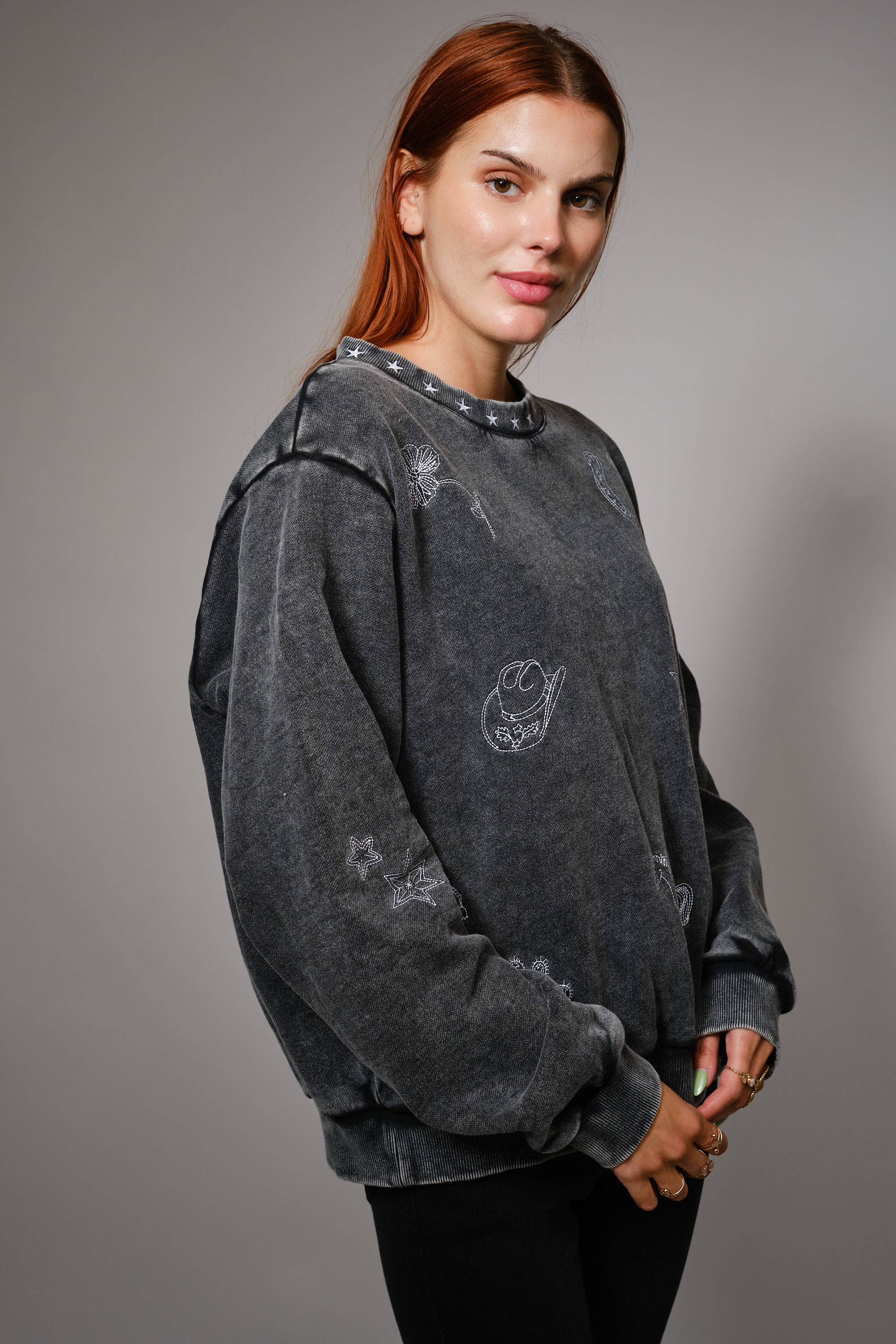 Mineral Wash Western Embroidered Sweatshirt