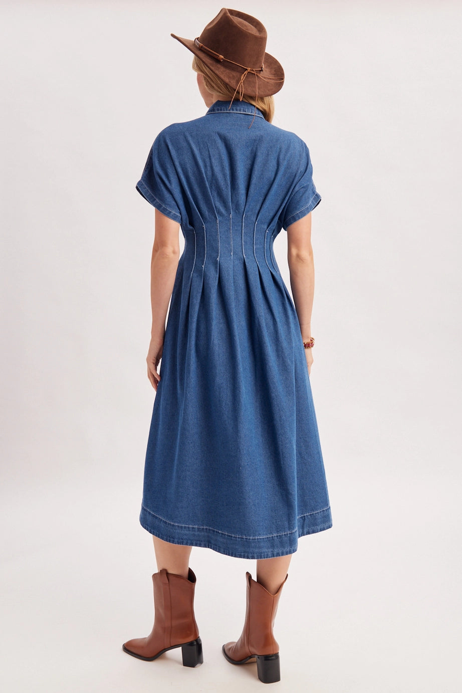 Button Down Pleated Waist Denim Dress