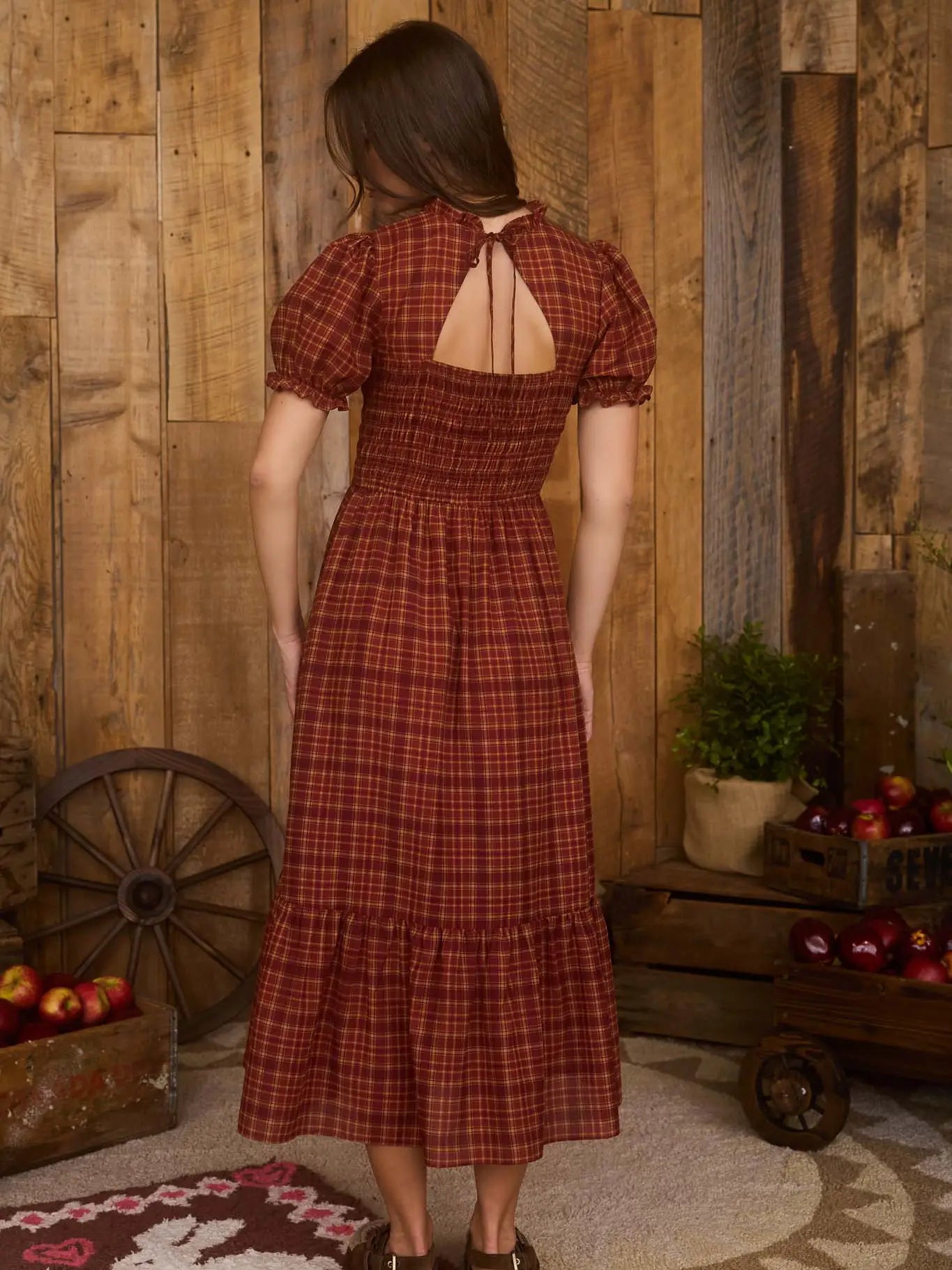 Plaid Short Puff Sleeve Midi Dress