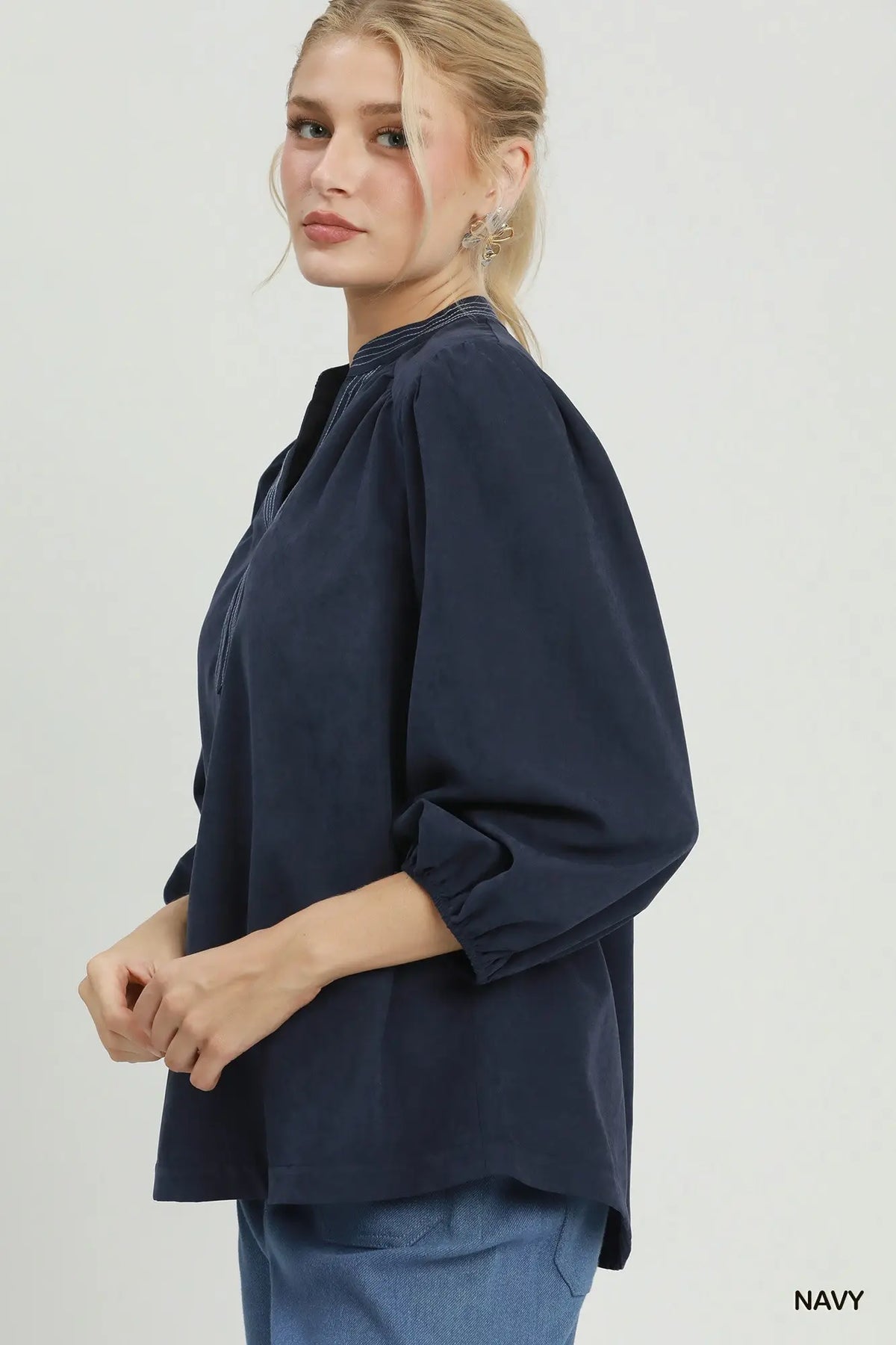 Sueded Split Neck Blouse with Contrast Stitching