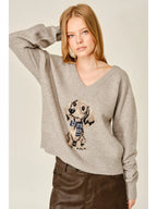 Cozy Dog Graphic V-Neck Sweater Top
