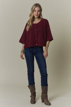 Boxy 3/4 Sleeve Button Front Sweater Top